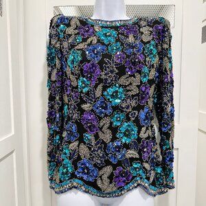 SOLD Vtg 80s Black Tie Oleg Classini Silk Beaded Top Black Floral Sequin Party